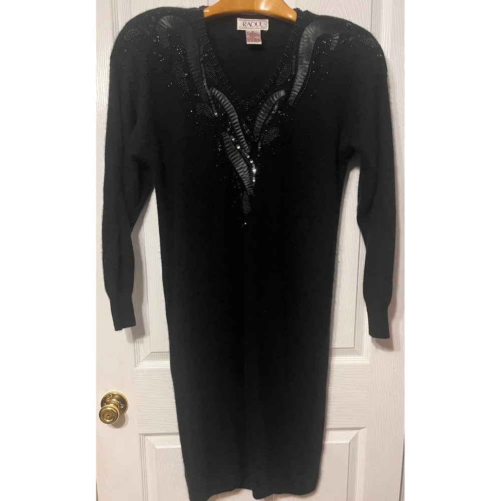 Raoul Vintage Black Lambswool Angora Beaded Sequin V-Neck Sweater Dress Large